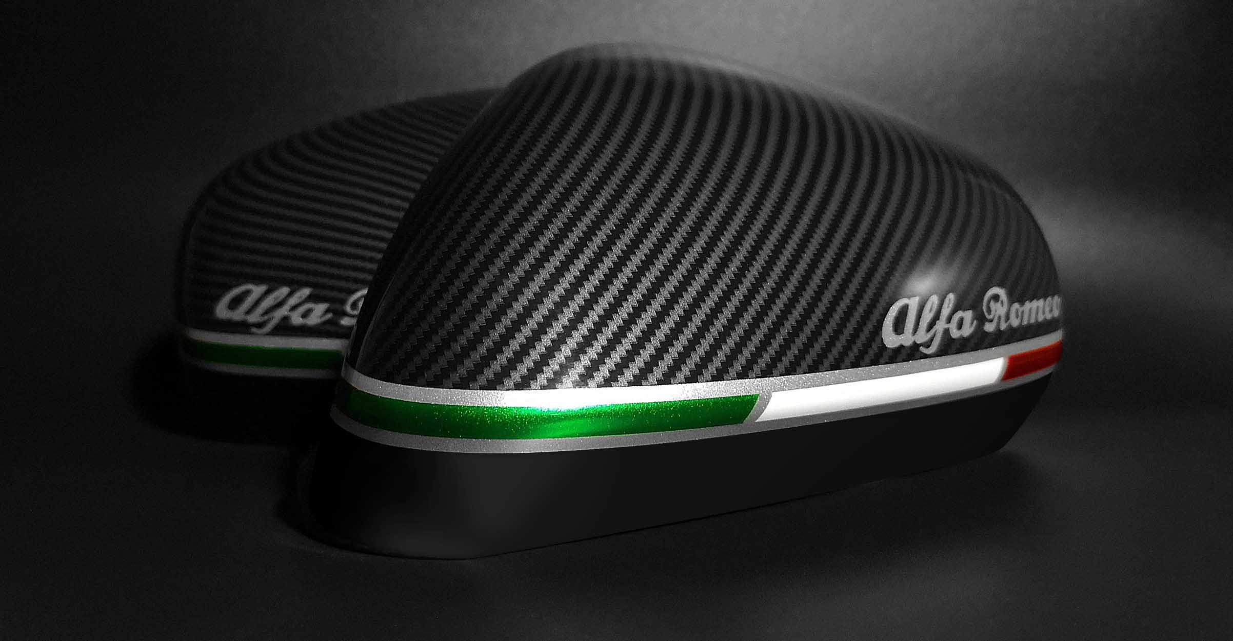 Alfa Romeo carbon-look mirror caps with ALFA inscription