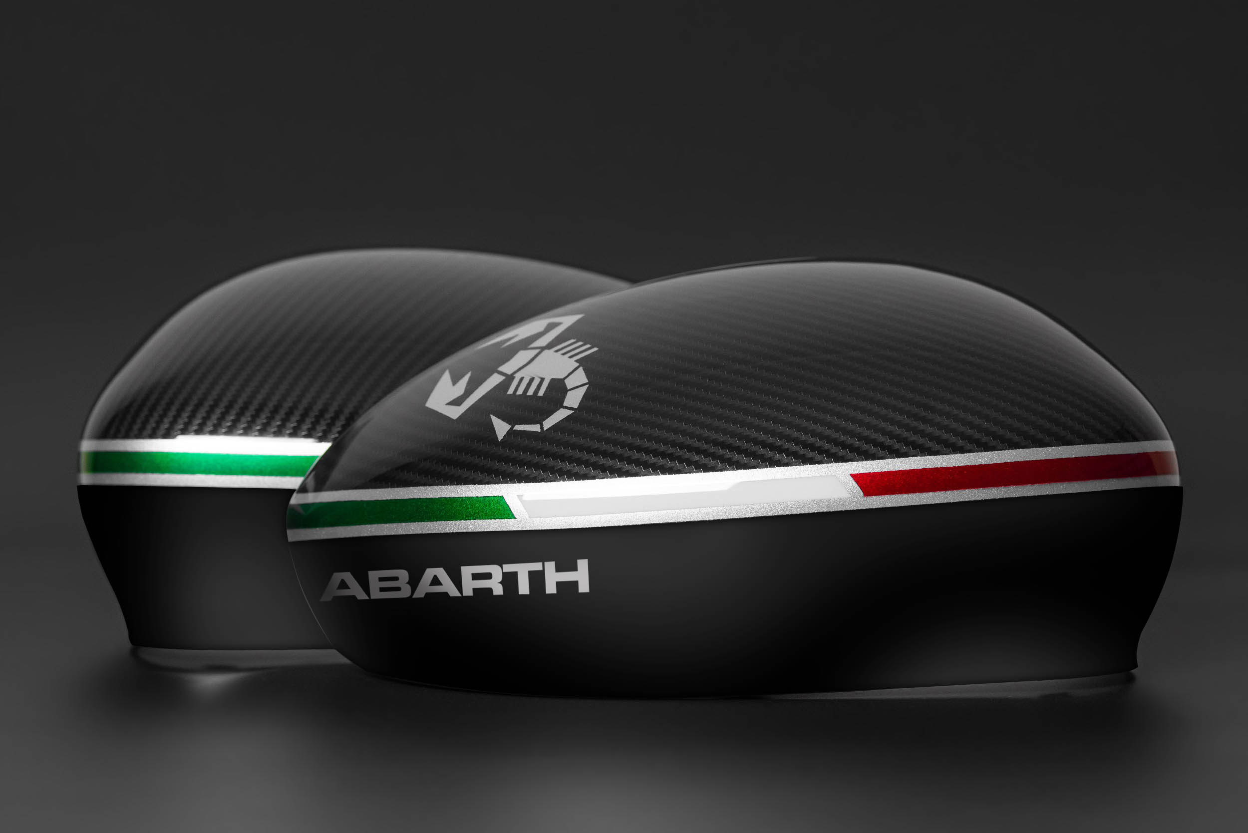Abarth carbon-look mirror caps with Italian flag and scorpion