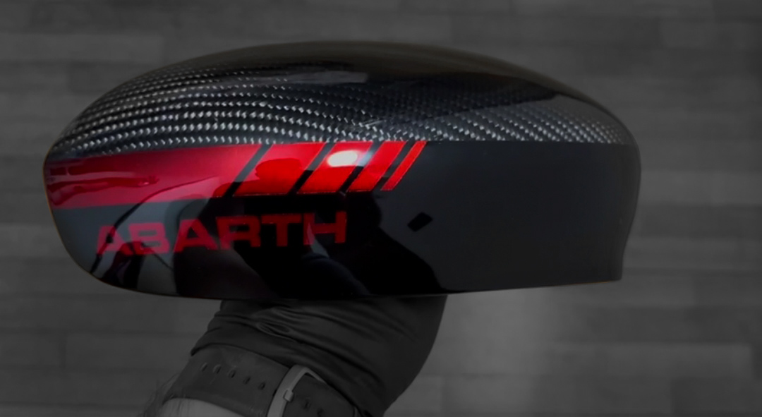 abarth carbon mirror caps with sporty red stripe