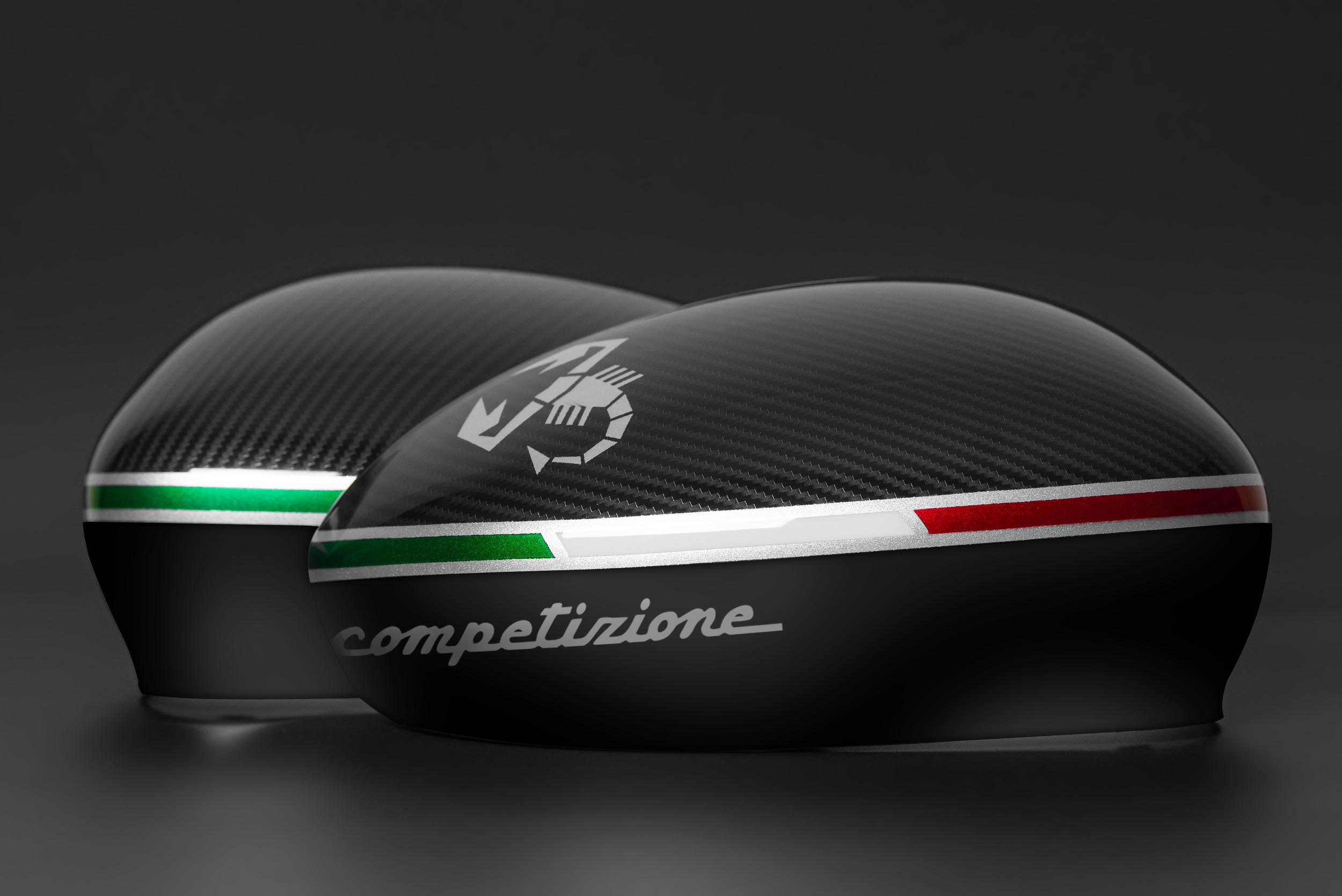 Abarth mirror caps carbon look scorpio flag competizione inscription (1) Abarth mirror caps carbon-look with Competizione lettering